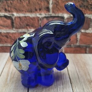 Blue Fenton Hand Painted Glass Elephant Figurine Signed